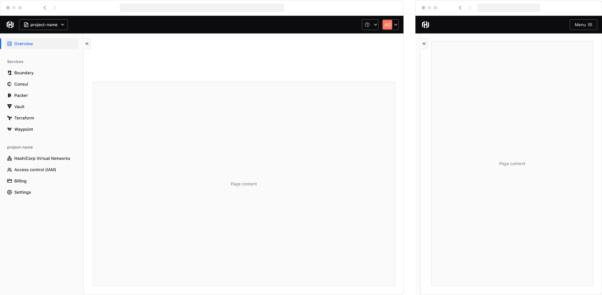Two viewports: a desktop with the App Side Nav expanded and a smaller screen with it collapsed by default.